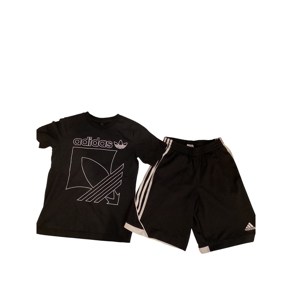 Adidas Kids Trefoil Graphic T-Shirt and 3-Stripe Shorts Set Black White Size M